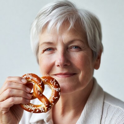 Elderly woman holding pretzel