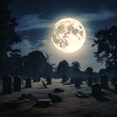 Full Moon Over Cemetery at Night