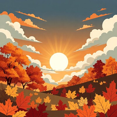 Autumn Sunset Over Fall Foliage Landscape