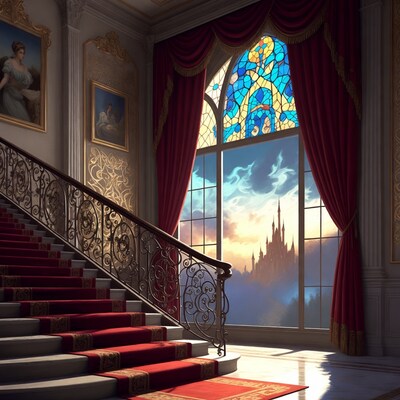 Luxurious Grand Staircase with Castle View