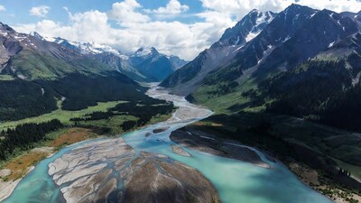 Aerial view of turquoise river in mountains