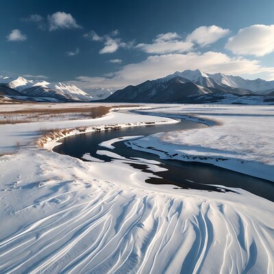 Snowy River Winding Through Mountains