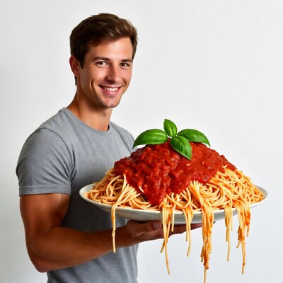 Man holding giant spaghetti plate
