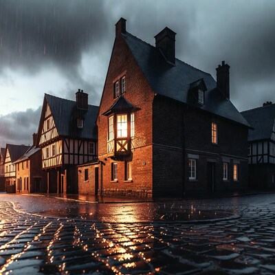 Rainy Cobblestone Street with Tudor Houses