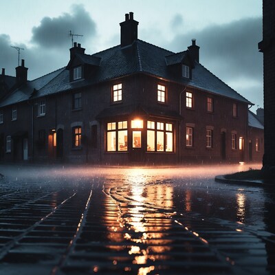 Lit Brick House in Rainy Street