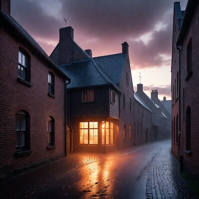 Rainy Cobblestone Alley with Lit Window