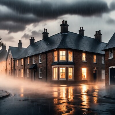 Rainy Foggy Street with Lit Brick Houses
