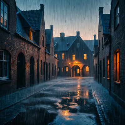 Rainy Cobblestone Alley in Dutch Town