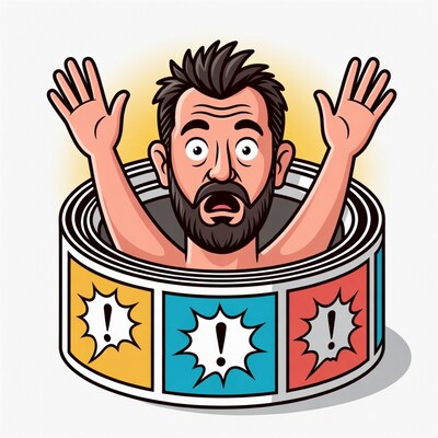 Bearded man screaming from tape roll