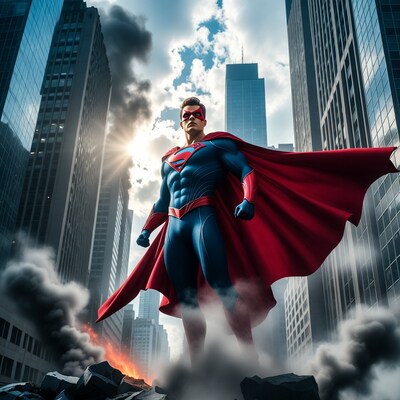 Superman standing in city ruins