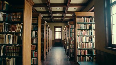 Grand library aisle with bookshelves