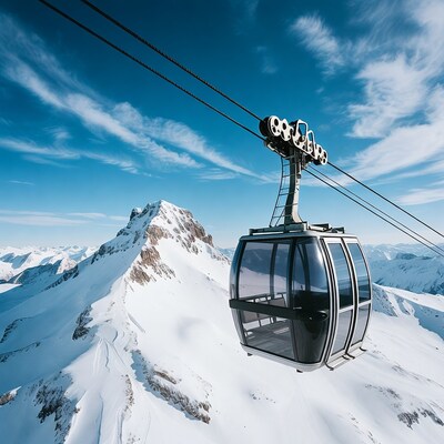 Aerial tramway gondola over snowy mountains