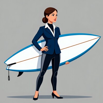 Asian woman in suit holding surfboard