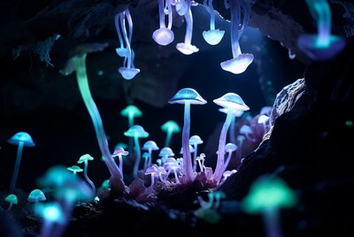 Glowing Blue Mushrooms in Dark Cave
