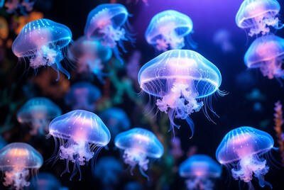 Glowing Blue Jellyfish in Dark Ocean
