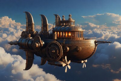 Steampunk Airship Flying in Clouds