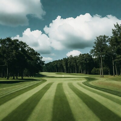 Golf course fairway with trees and clouds