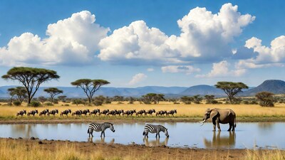Elephants Zebras Drinking Waterhole Savanna