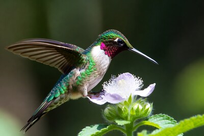 Hummingbird feeding on purple flower