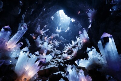 Glowing Amethyst Quartz Crystals in Cave