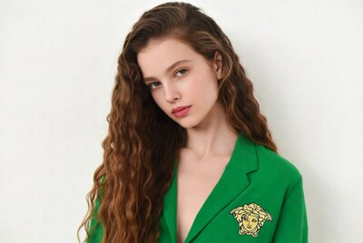 Woman in green Versace blazer