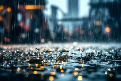 Rain splashes on wet street at night