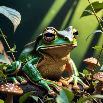 Green Tree Frog on Mossy Log