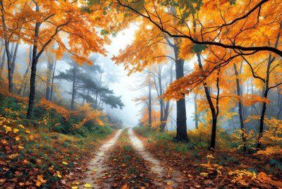Autumn Forest Path in Fog
