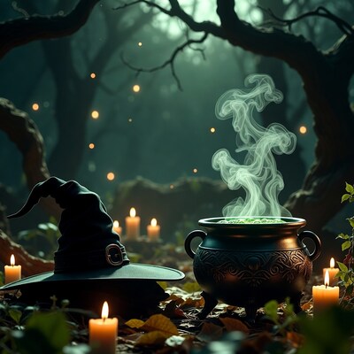 Witch Hat and Cauldron in Enchanted Forest