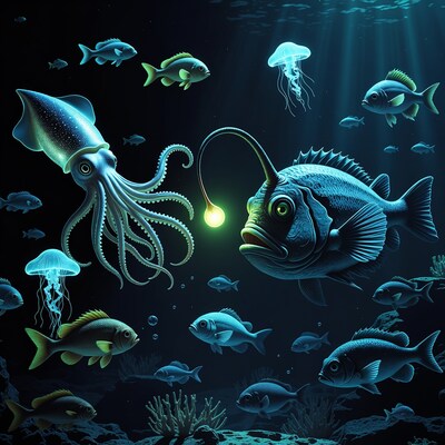 Squid and Anglerfish in Deep Ocean