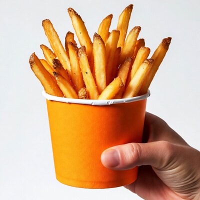 Hand holding french fries in orange cup