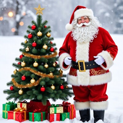 Santa Claus with Christmas tree and gifts