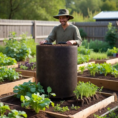 Man gardening in metal planter box