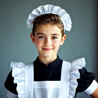 Boy in maid costume smiling