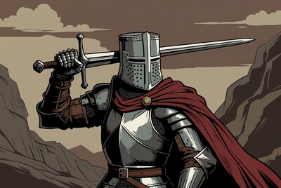 Knight Holding Sword in Mountains