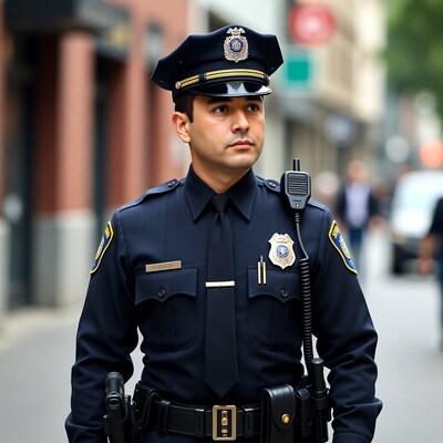 Latino police officer on street