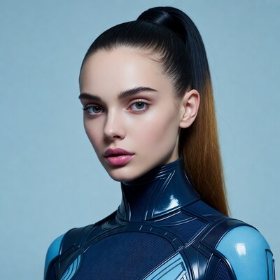 Woman in blue latex sci-fi suit