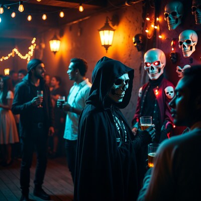 Halloween Party with Skeletons and Costumed People