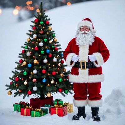 Santa Claus with Christmas tree in snow