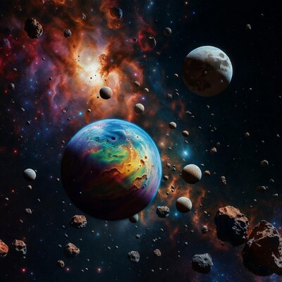 Colorful Iridescent Planet in Nebula