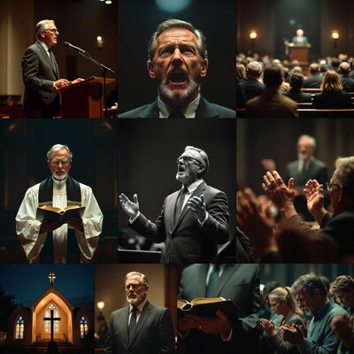 Elderly man preaching in church