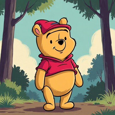 Winnie the Pooh in red elf hat forest