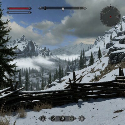 Snowy Mountains with Wooden Fence