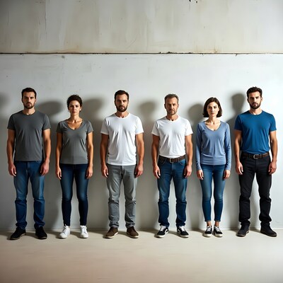 Group of six standing against concrete wall