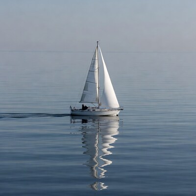 White sailboat with reflection on calm sea
