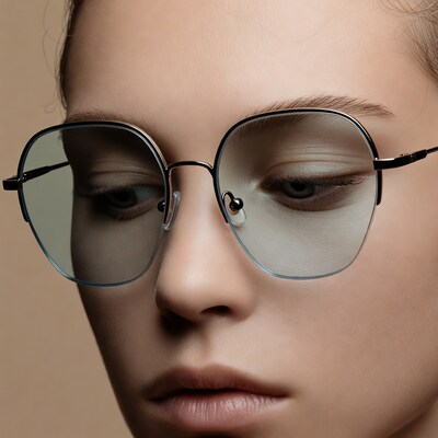 Woman wearing square tinted glasses