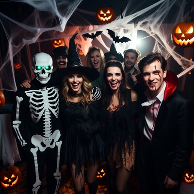 Group in Halloween Costumes Smiling