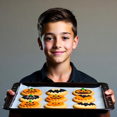 Boy holding Halloween cookies