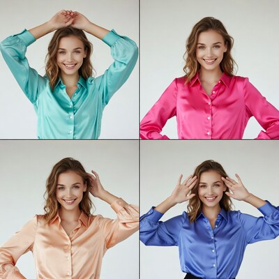 Woman in colorful satin blouses collage