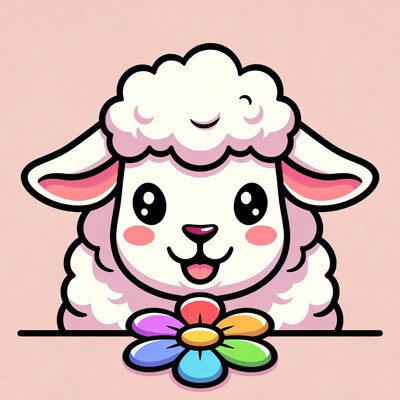 Cute cartoon lamb holding rainbow flower